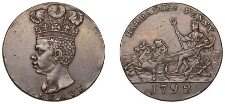 Barbados, ST JAMES, Sir Philip Gibbs, Penny, 1792, by J. Milton, African head left with coro...