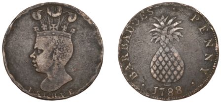 Barbados, ST JAMES, Sir Philip Gibbs, Penny, 1788, African head left with coronet with plume...