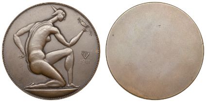 HUNGARY, TÃ©rdelÅ‘ nÅ‘ [Kneeling Nude], 1911, a uniface bronze medal by V.F. Beck, muscular nak...