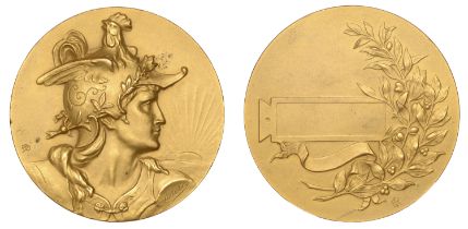 FRANCE, Marianne, c. 1900, a gilt-bronze award medal by A. AubÃ© for Pichard, helmeted bust r...