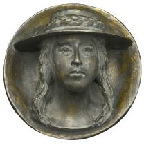 SWITZERLAND, MÃ¤dchenkopf [Head of a Girl], an openwork cast bronze wall plaque by R. Brem, f...