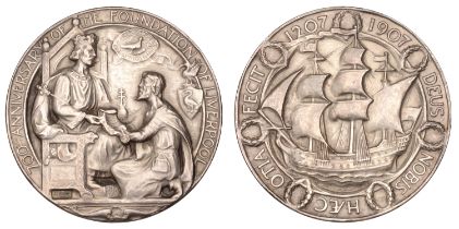ENGLAND, 700th Anniversary of the Foundation of Liverpool, 1907, a silver medal by C.J. Alle...