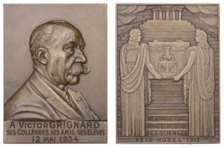FRANCE, Victor Grignard, 1934, an Art DÃ©co bronze plaque by L. Bertola, bust right, rev. two...