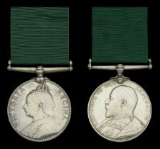 Volunteer Force Long Service Medal (2), V.R. (3211 Pte. M. Bevan. 2nd. V.B. Welsh Regt.) imp...