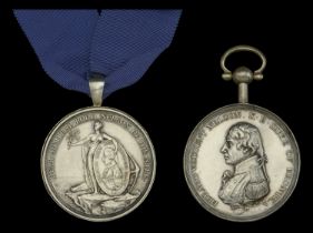 A most unusual pair of medals 'in memoriam' of Captain John Barrett, Royal Navy, and his dis...