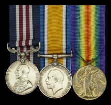 A Great War 'Western Front' M.M. group of three awarded to Private T. H. Davies, Royal Welsh...