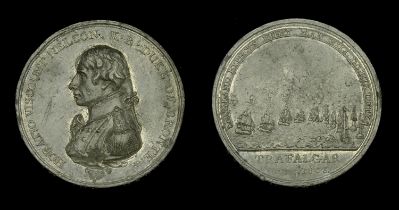 Matthew Boulton's Medal for Trafalgar 1805, white metal, edge digs, some scratches, nearly f...