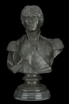 A Bronze bust of Nelson. Mounted on a black figured marble plinth. 33cm high, showing Nelso...
