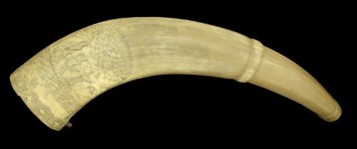 A Navy Gunner's Powder Horn. Very finely engraved with ships, sailors, &c. 46cm long. Excep...