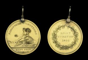 Shropshire Volunteers 1802. A circular struck medal, 45mm, gilt, obverse featuring Britanni...