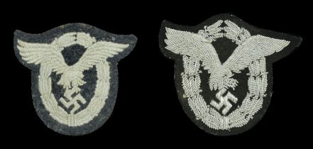 Luftwaffe Pilot's Badges. Two cloth examples, the first silver bullion wire on dark blue fe...