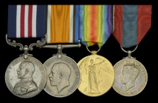 A Great War M.M. group of four awarded to Sergeant J. F. Slodden, Royal Engineers, who serve...