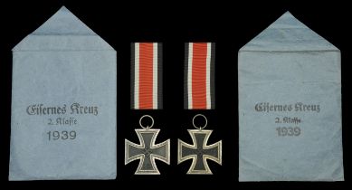 Iron Crosses Second Class 1939 in Original Presentation Packets. Two examples, the first by...