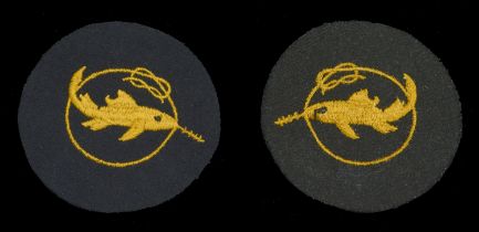 A Kriegsmarine Frogman's Combat Badge, First Grade. Blue felt with gold cotton swordfish in...