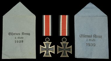 Iron Crosses Second Class 1939 in Original Presentation Packets. Two examples, the first by...