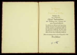 A German Second World War General Admiral Alfred Saalwachter Promotion Document. A very fin...