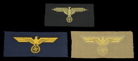 German Second World War Breast and Arm Eagles. A Kriegsmarine breast eagle in Bevo weave, y...