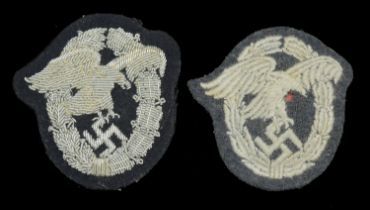 Luftwaffe Observer's Cloth Badges. Two examples, the first an Officer's cloth type. Silver...
