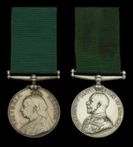 Volunteer Force Long Service Medal (2), V.R. (No. 13 C.S.M. E. Higgins. 1 Ld. R.E. 1895) con...