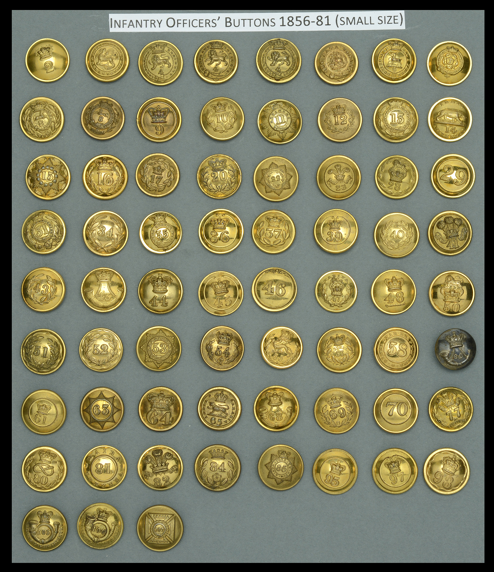 Buttons. A scarce selection of English and Welsh Infantry Officers' small size gilt tunic b...