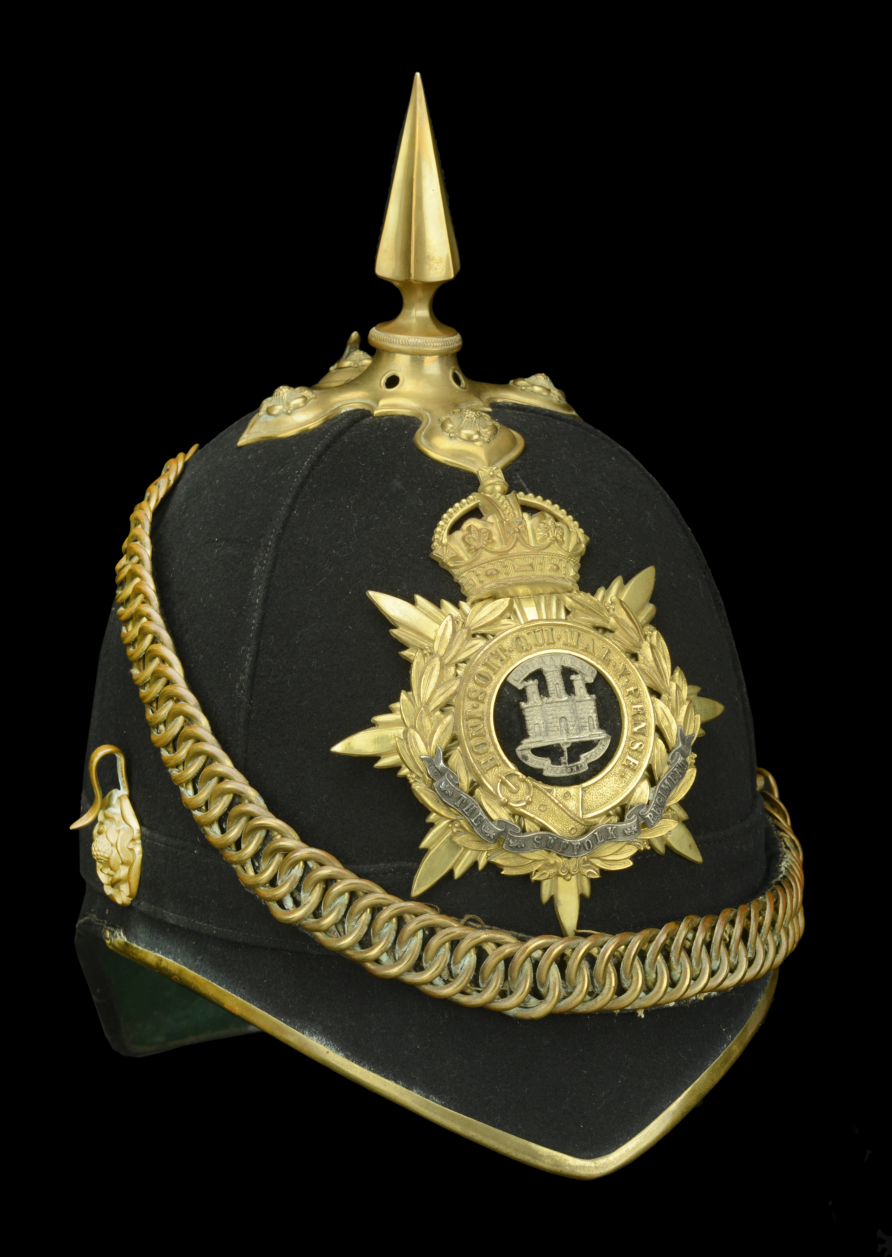 Suffolk Regiment Officer's Blue Cloth Helmet 1902-12. A good example, the skull complete wi...