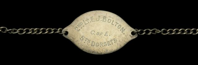 Silver Indentity Bracelet, hallmarked Birmingham 1916, '2nd Lt. E. J. Bolton. 5th Dorsets. C...