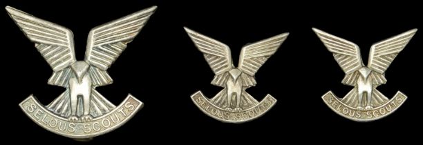 Selous Scouts Officers Beret Badge and Collar Badges. A scarce silver set c.1973-80, to the...