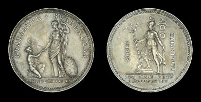 Guadalupe Surrenders Medal, 1759, 40mm, silver, the obverse depicting kneeling native with s...