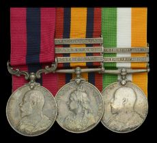 A Boer War D.C.M. group of three awarded to Sergeant J. W. Hall, Manchester Regiment, for hi...