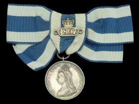 Jubilee 1887, with 1897 clasp, silver, unnamed as issued, mounted on a lady's bow riband, go...