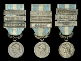 France, Republic, Medaille Coloniale (3), 1st type, silver, 3 clasps, Sahara, Tunisie, Alger...