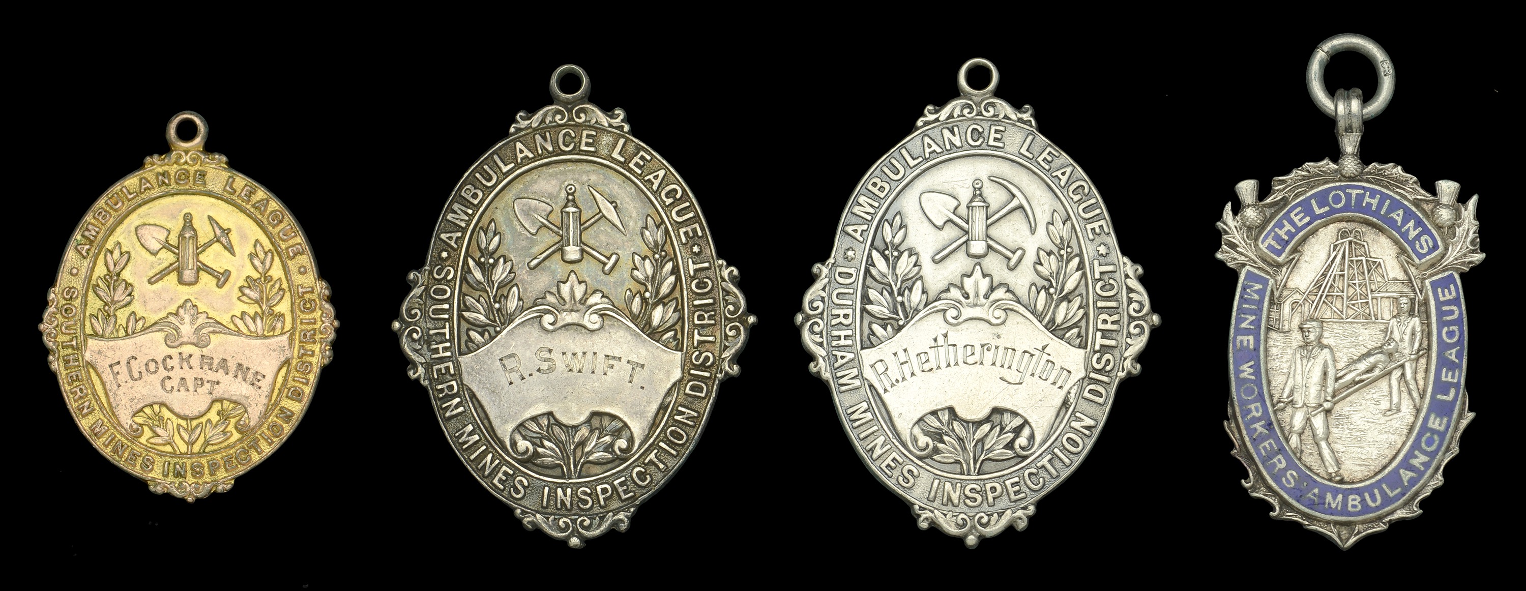 Southern Mines Inspection District Ambulance League Medal (2), the first 30mm x 26mm, gold...