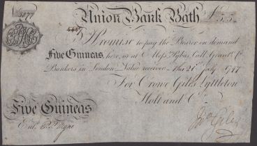 Union Bank, Bath, for Crowe, Giles, Lyttleton, Holt & Co., 5 Guineas, 21 July 1797, serial n...