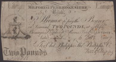 Milford & Pembrokeshire Bank, for Chas. Phillipps, Thos. Phillipps & Co., Â£2, 6 October 1807...