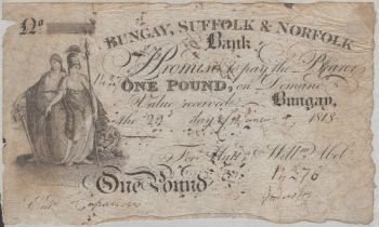 Bungay, Suffolk & Norfolk Bank, for Matthew & William Abel, Â£1, 29 January 1813, serial numb...