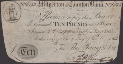 Milverton & Taunton Bank, for Thos Young & Son, Â£10, 4 June 1813, serial number L133, Thomas...