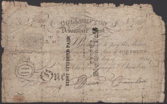 Collumpton and Devonshire Bank, for Chambers, Granger & Chambers, Â£1, 21 December 1809, seri...