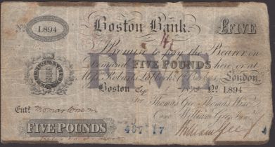 Boston Bank, for Thomas Gee, Thomas Wise and William Gee Junr, Â£5, 1 September 1873, serial...