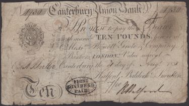 Canterbury Union Bank, for Halford, Baldock and Snoulten, Â£10, 4 August 1838, serial number...