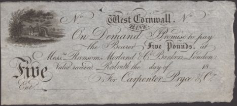 West Cornwall Bank, Redruth, for Carpenter, Pryce & Co., unissued Â£5, 18-, no signatures or...
