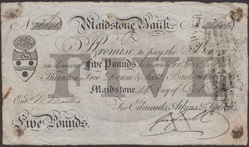 Maidstone Bank, for Edmeads, Atkins & Tyrrell, Â£5, 14 October 1825, serial number A36606, Ty...