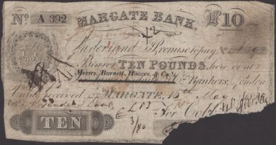 Margate Bank, for Cobb & Son, cancelled Â£10, 16 May 1833, serial number A392, signature torn...