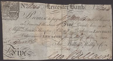 Leicester Bank, for Bellairs, Welby & Co., Â£5, 4 December 1812, serial number O244, split an...