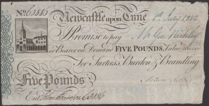 Newcastle Exchange Bank, for Surtees, Burdon & Brandling, Â£5, 1 July 1802, serial number 638...