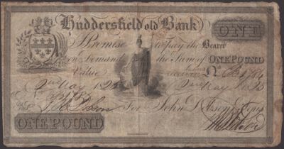 Huddersfield Old Bank, for John Dobson & Sons, Â£1, 2 May 1825, serial number B1784, Dobson s...