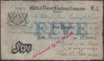 Wilts & Dorset Banking Company, Bath, Â£5, 19 March 1890, serial number 26402, B. Pope signat...