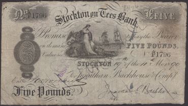 Stockton on Tees Bank, for Jonathan Backhouse & Company, Â£5, 19 November 1890, serial number...