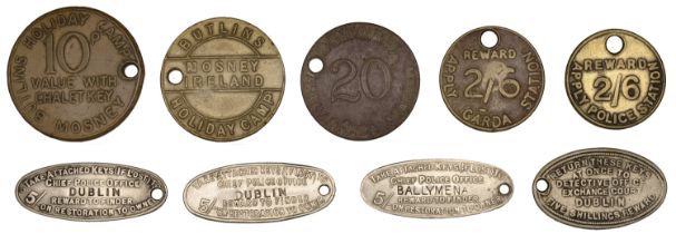 Miscellaneous Tokens and Checks, Co ANTRIM, Ballymena, oval key return, no. 1444; Co DUBLIN,...