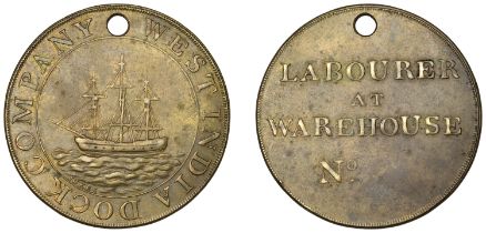 LONDON, Isle of Dogs, West India Dock Company, brass, by F. Jukes, ship with sails furled, r...