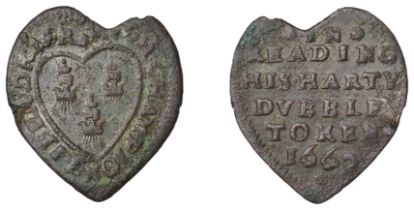 Reading, Hugh Champion, heart-shaped Halfpenny, 1669, his harty dvbble token, 1.39g/12h (N 1...